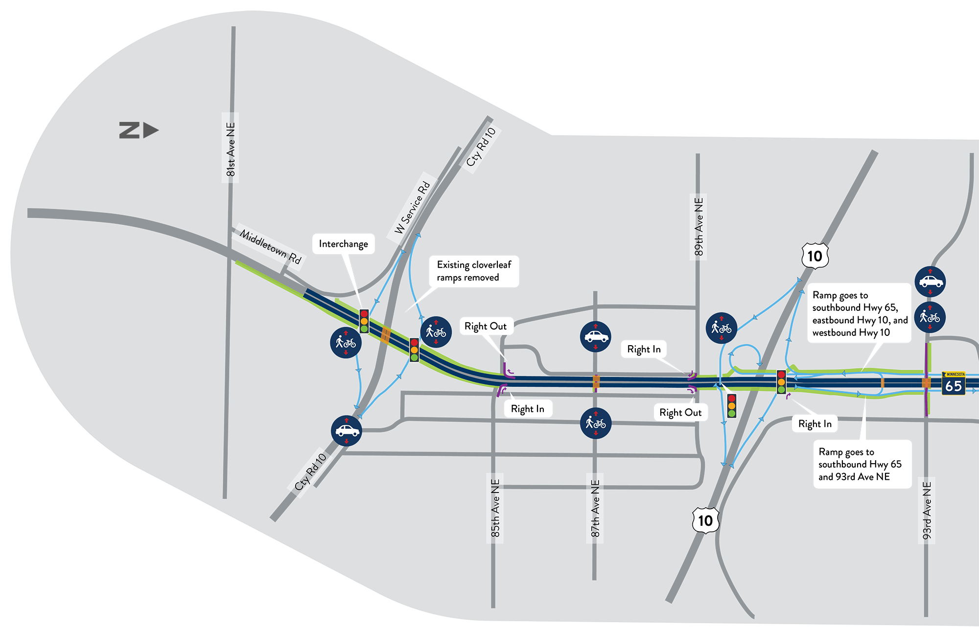 Map showing the Highway 65 corridor