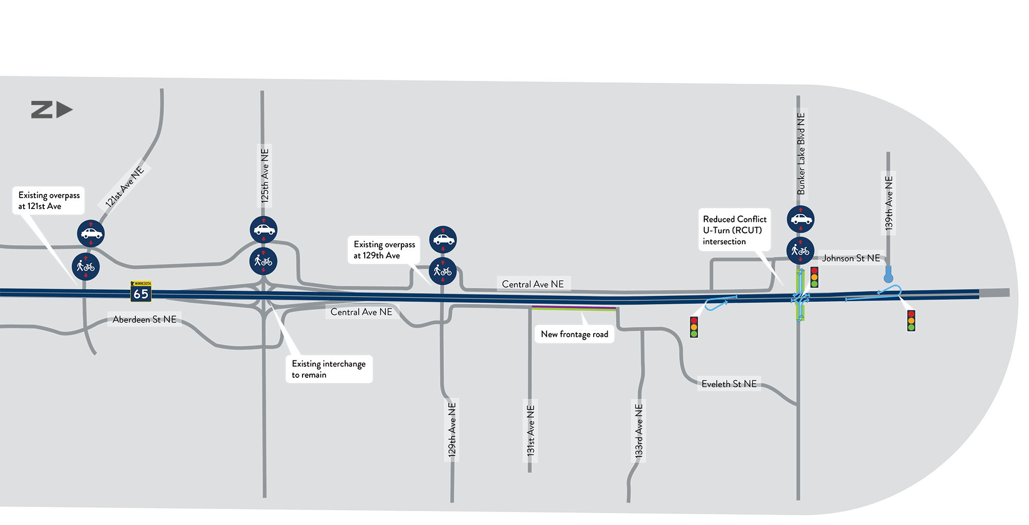 Map showing the Highway 65 corridor